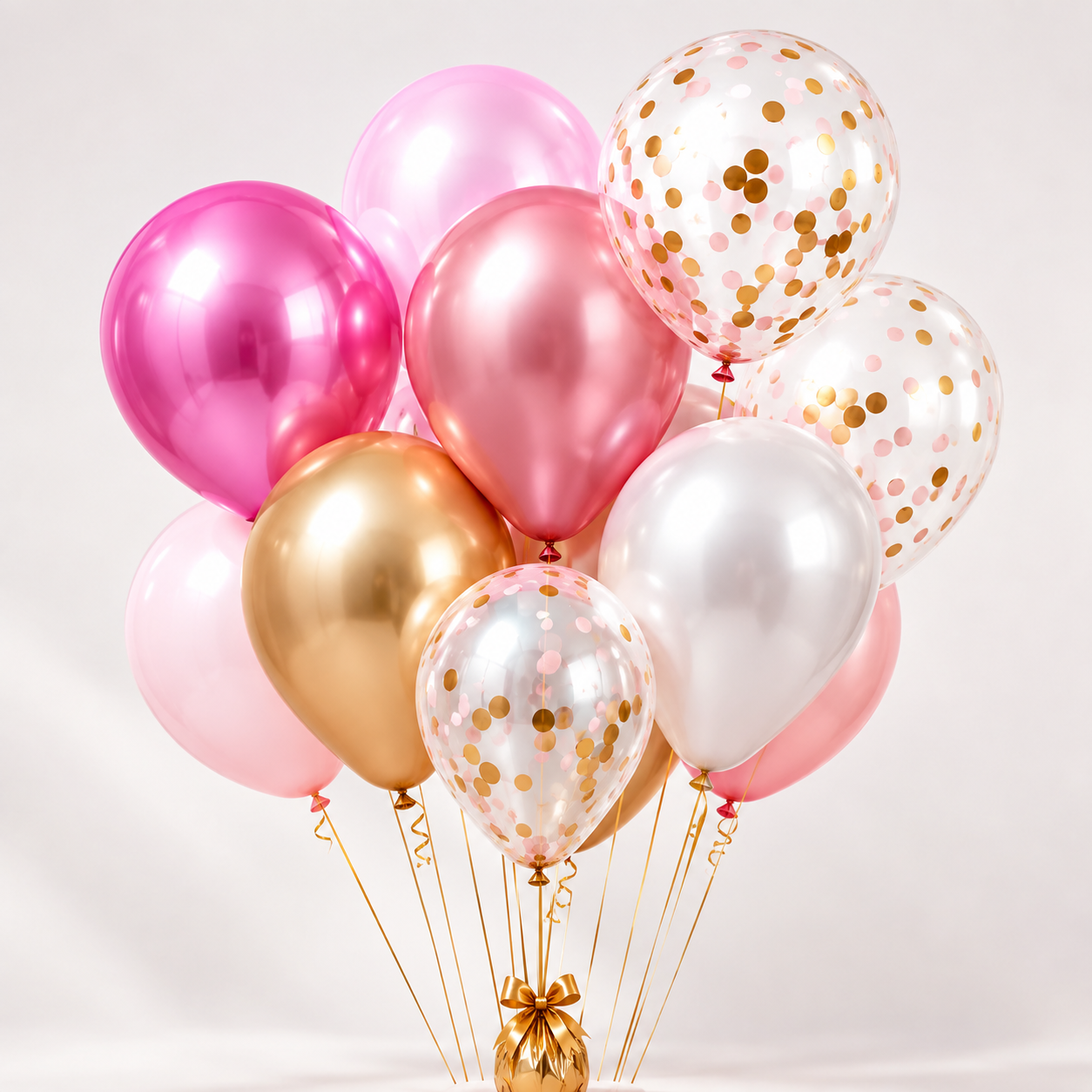 Pink, rose-gold, gold, white and clear confetti balloon bouquet